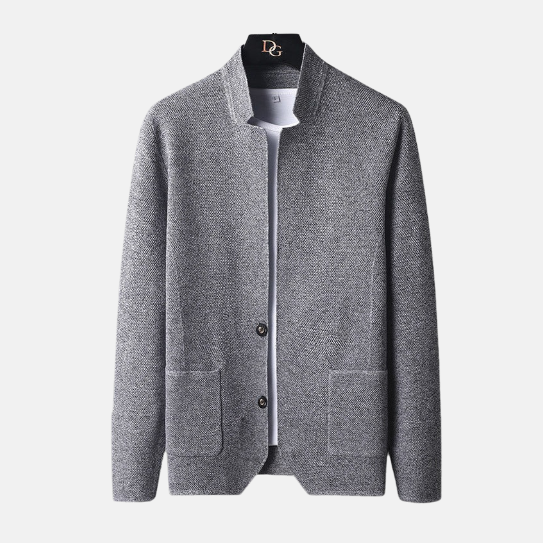 Men's fine knit cardigan band collar slim fit versatile smart-casual layering piece in neutral tone