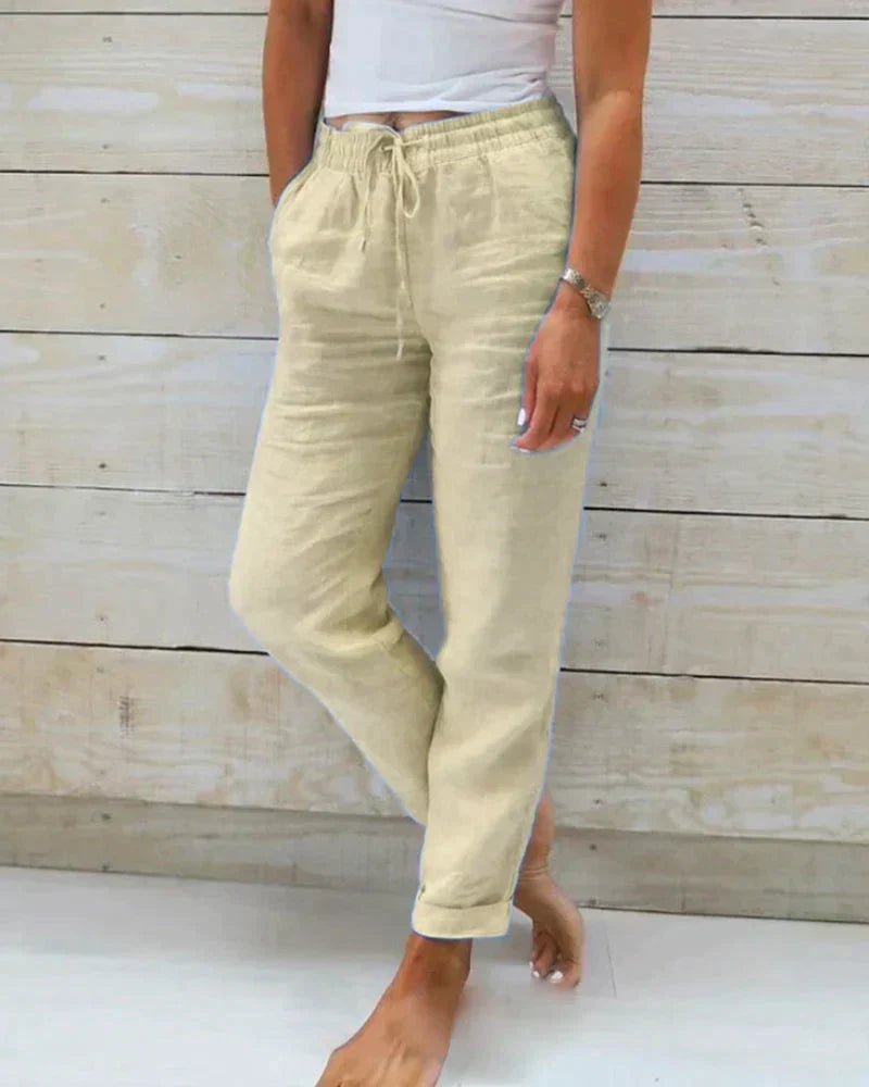 Women's relaxed-fit linen pants with elastic drawstring waist and side pockets, lightweight everyday comfort