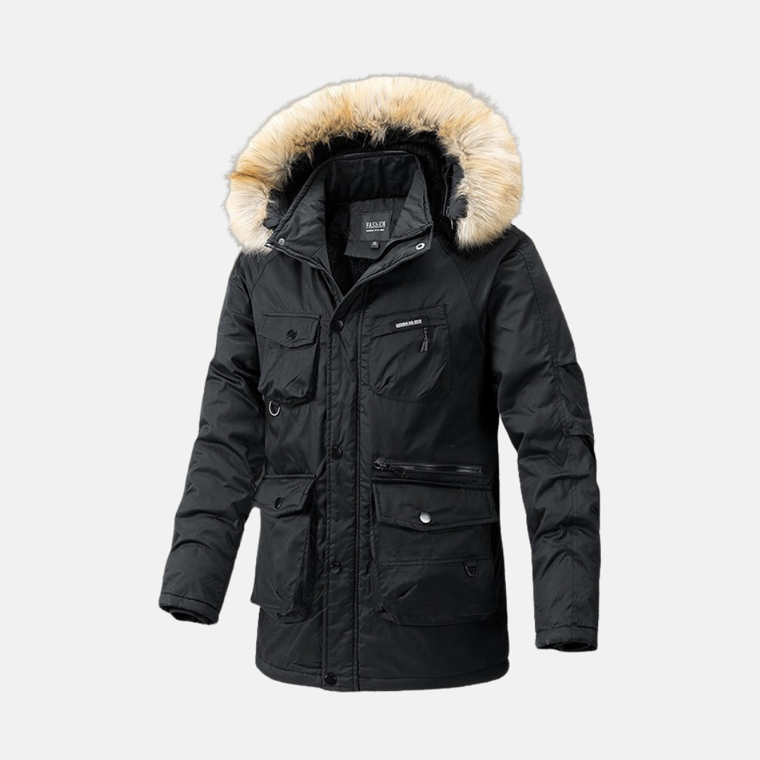 Men's insulated parka jacket weather-resistant relaxed fit with detachable faux fur hood for winter