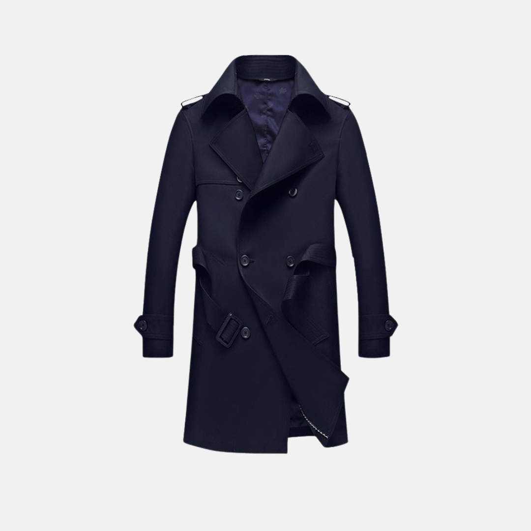 Men's slim fit double-breasted trench coat with detachable belt, smooth fabric, professional style