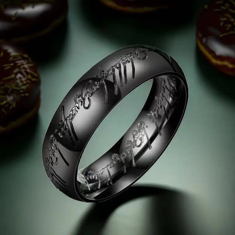 Titanium unisex sigil band ring mirror finish domed profile Elvish script engraving bold statement