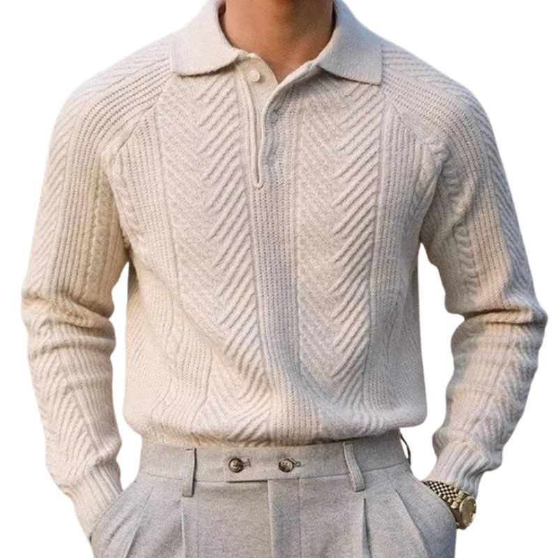 Unisex ribbed knit polo sweater with structured collar, three-button placket, subtle textured pattern