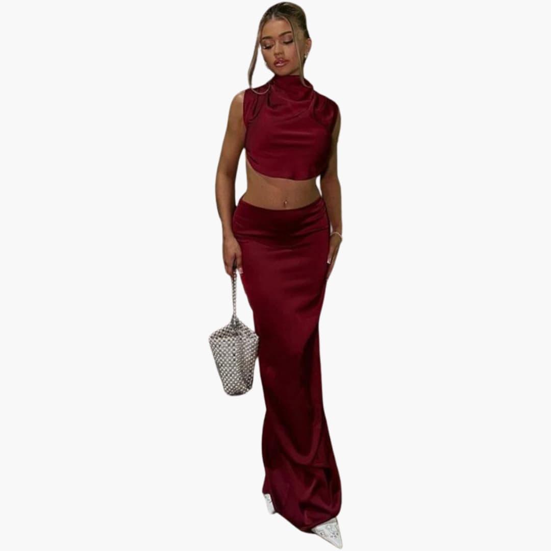 Women's satin two-piece blouse and pants set with luxurious light sheen and elegant relaxed fit