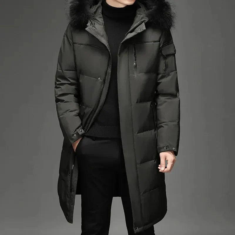 Men's black hooded winter parka coat with rugged weatherproof construction for extreme cold