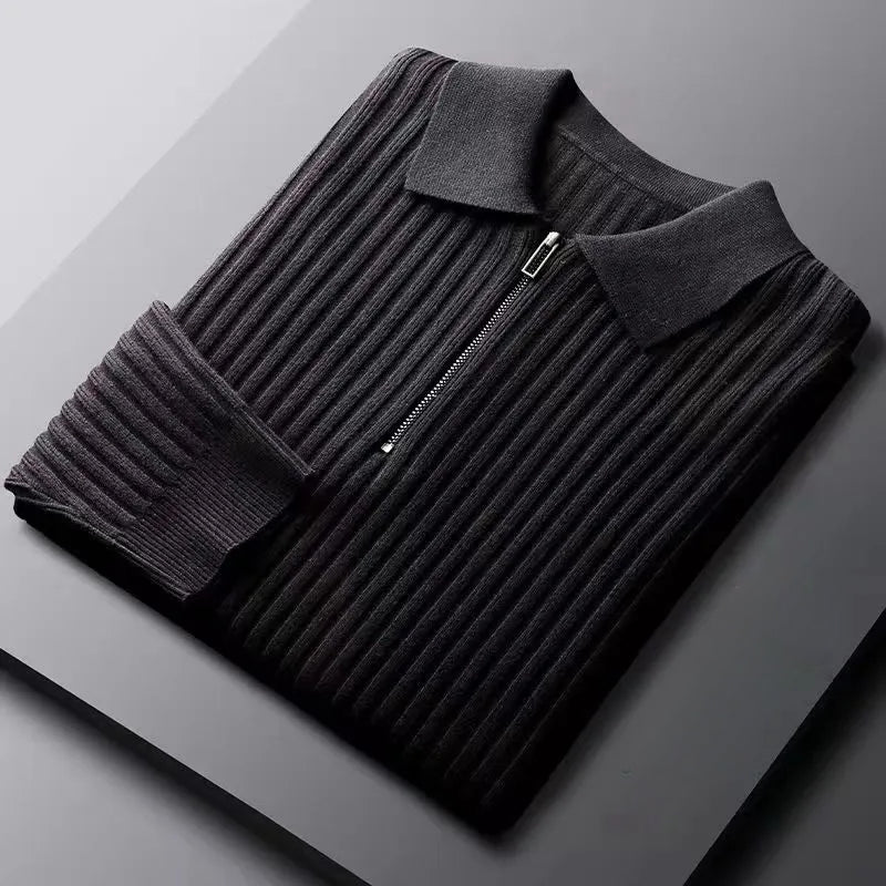 Men's navy blue polo sweater slim fit premium soft knit with vertical ribbing and zip closure