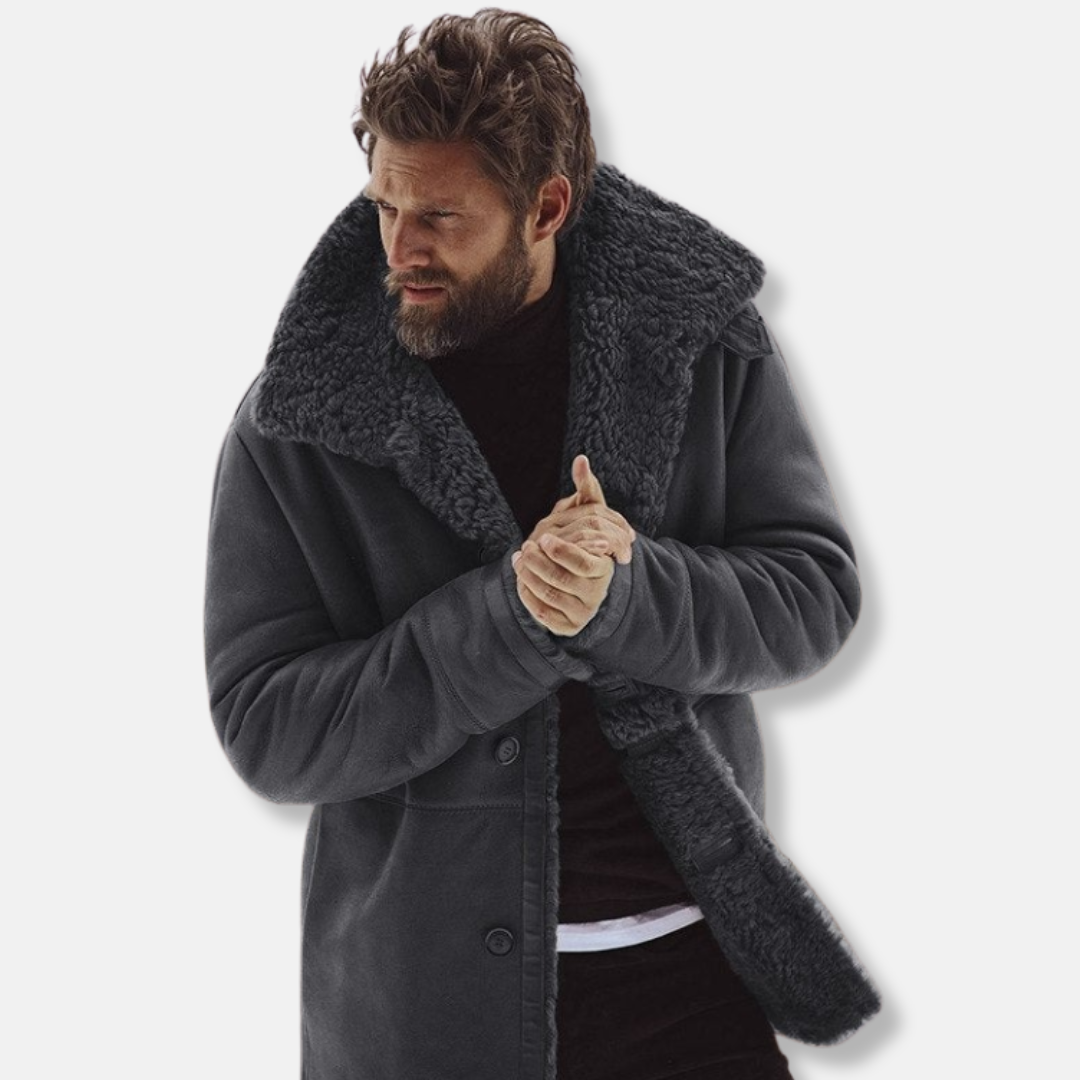 Men's wool blend parka relaxed fit mid-thigh length with button front and faux shearling trim