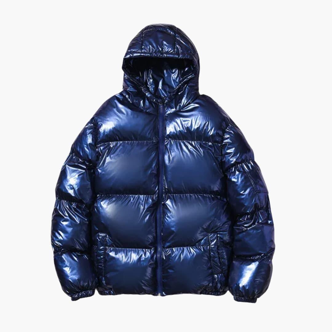 Men's glossy puffer jacket with hood, black modern fit winter outerwear with reflective sheen