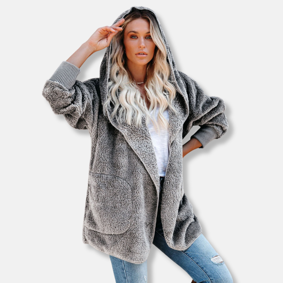 Women's oversized sherpa fleece hooded cardigan open front with pockets, ultra-soft cozy fit