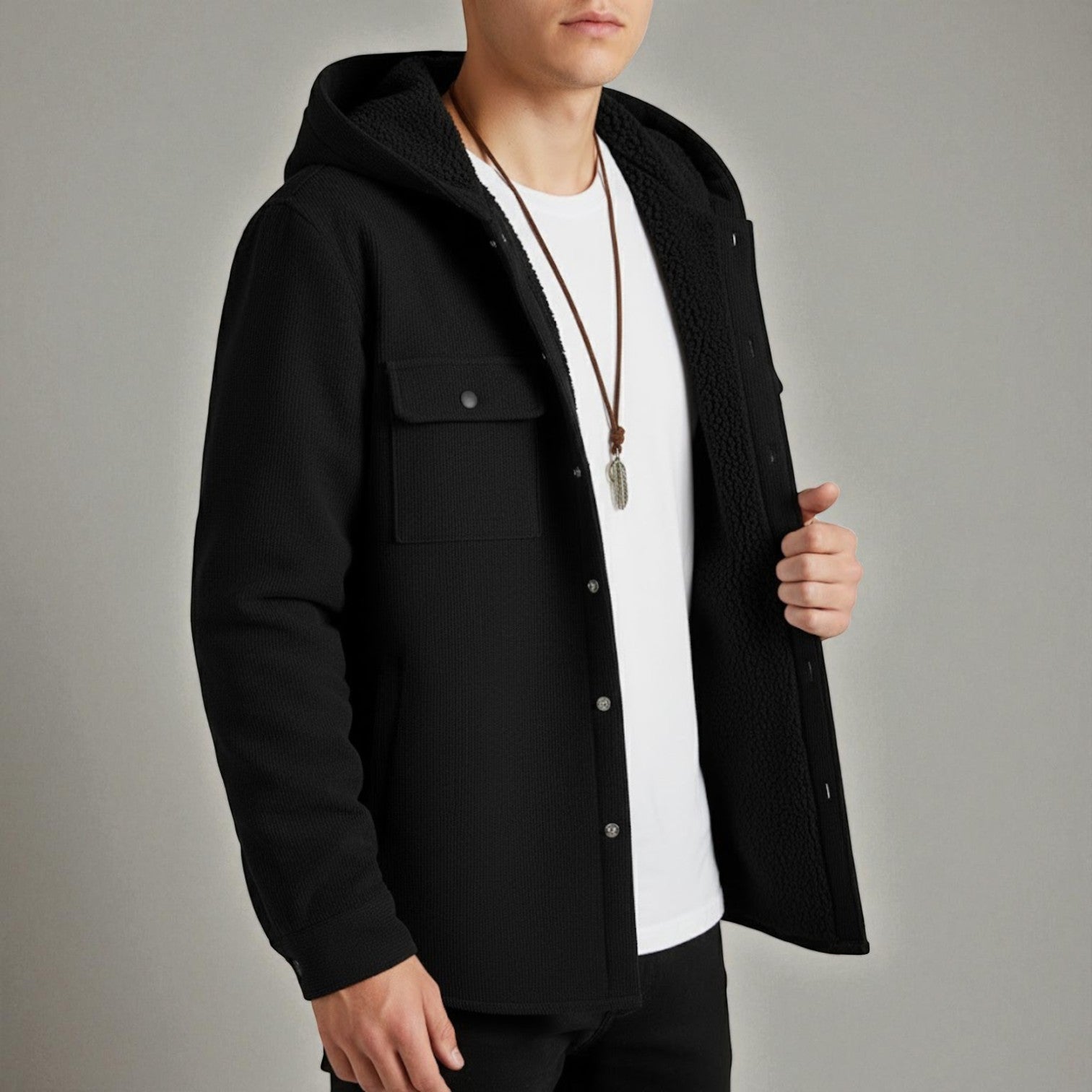 Men's hooded waffle fleece shirt warm winter comfort chest pockets outdoor versatile style