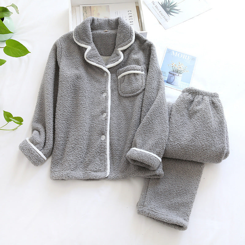 Women's relaxed fit collared button-front pajama two-piece set, plush winter loungewear in classic style