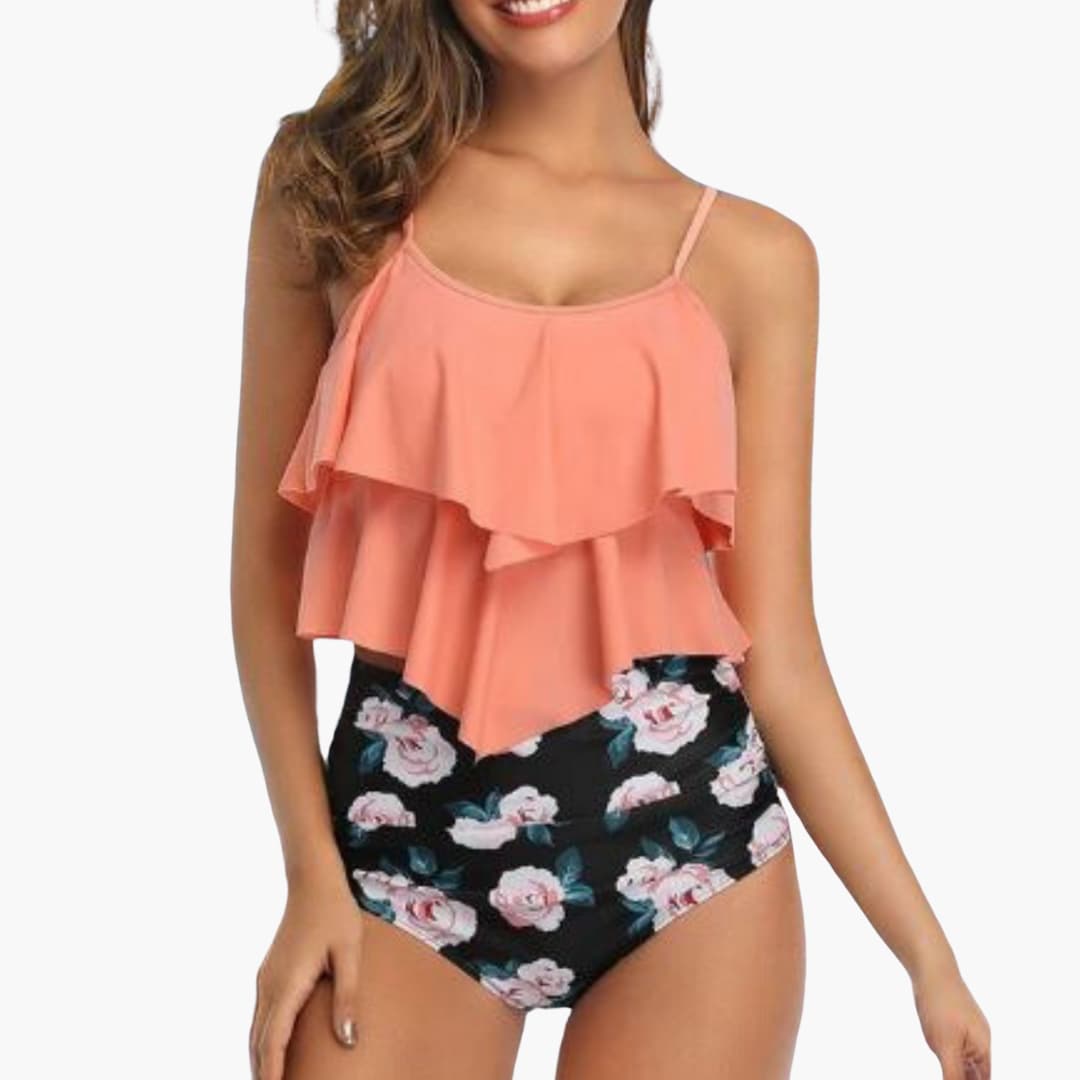 Women's ruffle tankini set with high-waisted tummy control bottom in breathable two-piece swimsuit
