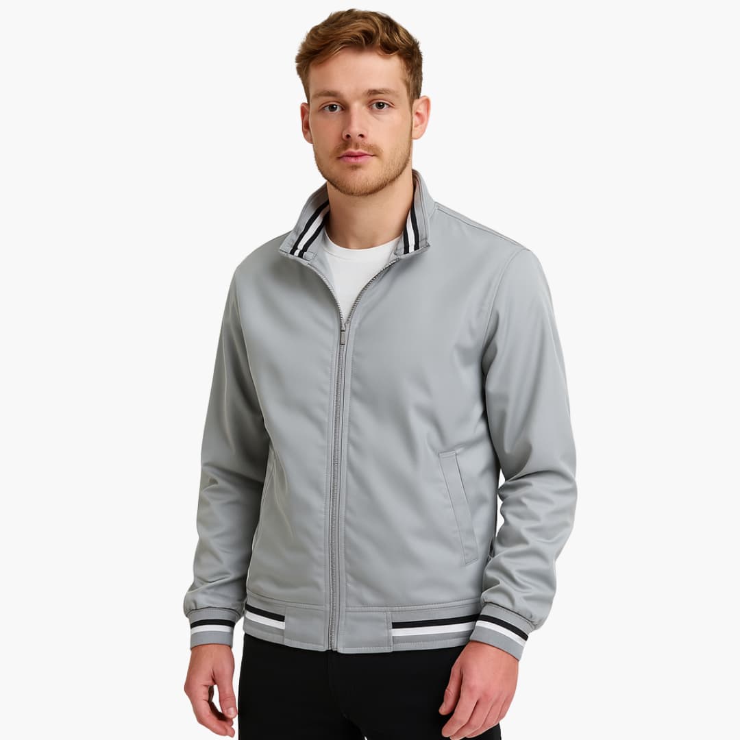 Men's bomber jacket with full-zip closure, striped ribbed hem, stand-up collar, casual everyday style