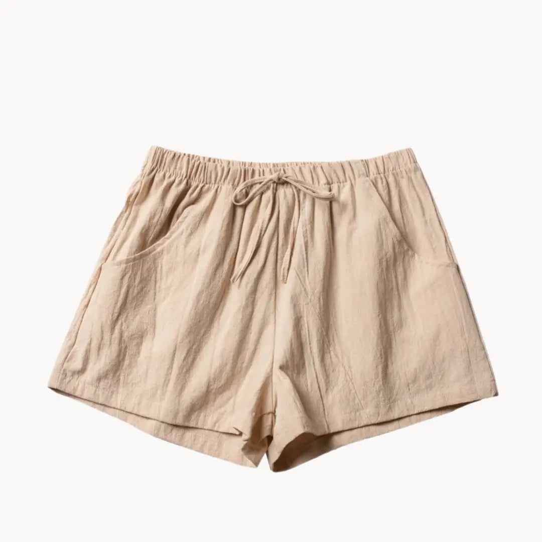 Women's high-waist linen shorts with elastic drawstring waist and slant pockets, lightweight casual fit