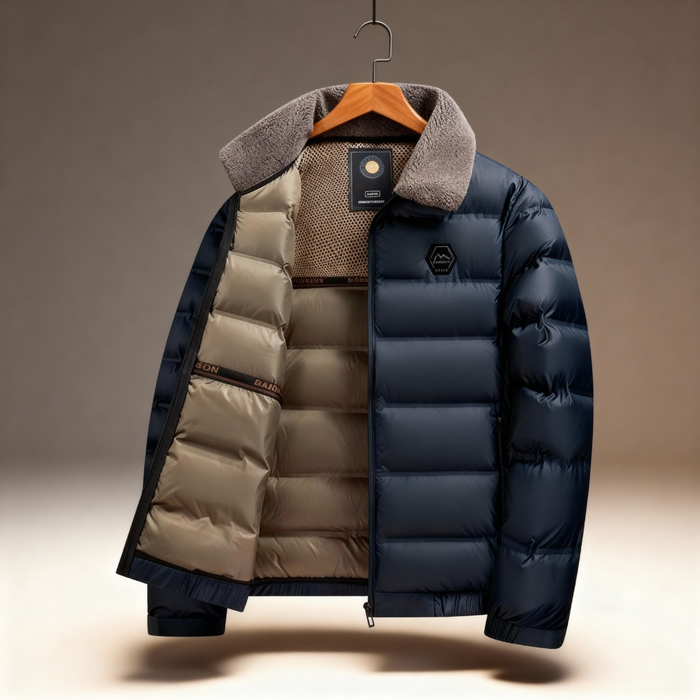 Men's quilted puffer jacket with plush fleece collar and zipper closure for cold weather warmth