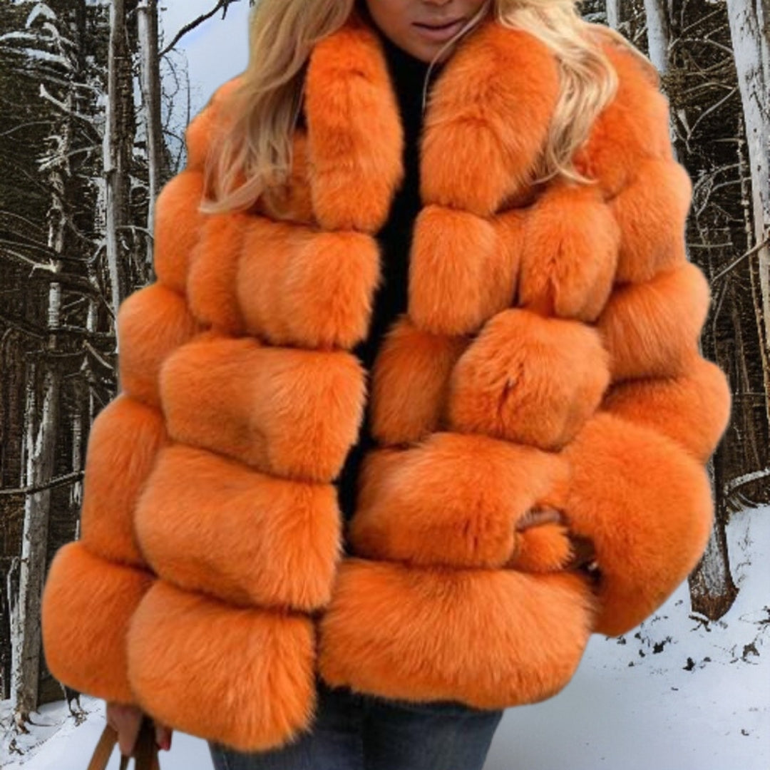 Women's black faux fur jacket medium length quilted voluminous plush design statement outerwear