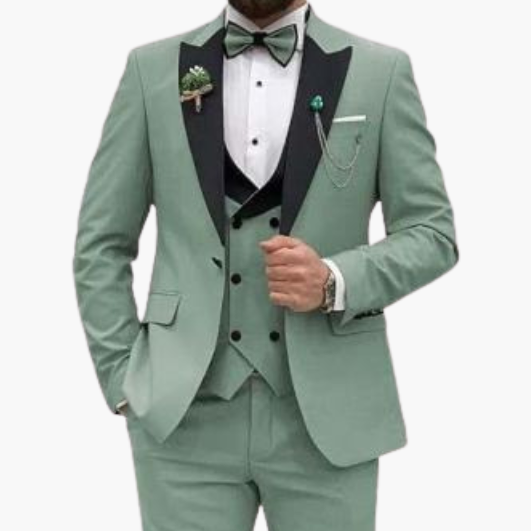 Men's slim fit three-piece suit navy contrast lapels single-breasted jacket vest trousers wedding formal