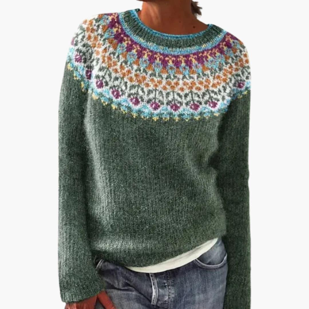 Women's multicolor geometric knit sweater with round neck, long sleeves, and cozy ribbed-edge design