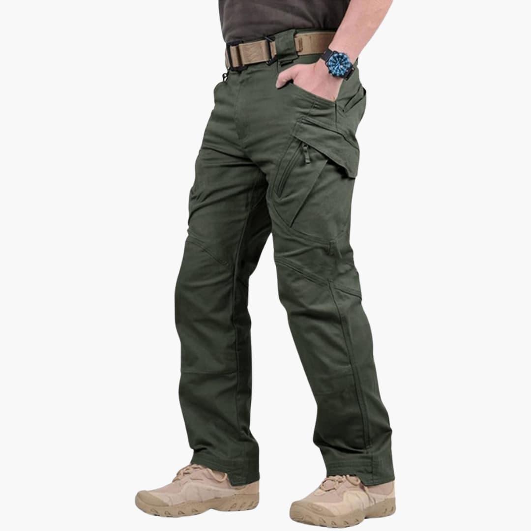 Men's khaki straight-fit cargo pants with zipper closure and multiple reinforced utility pockets
