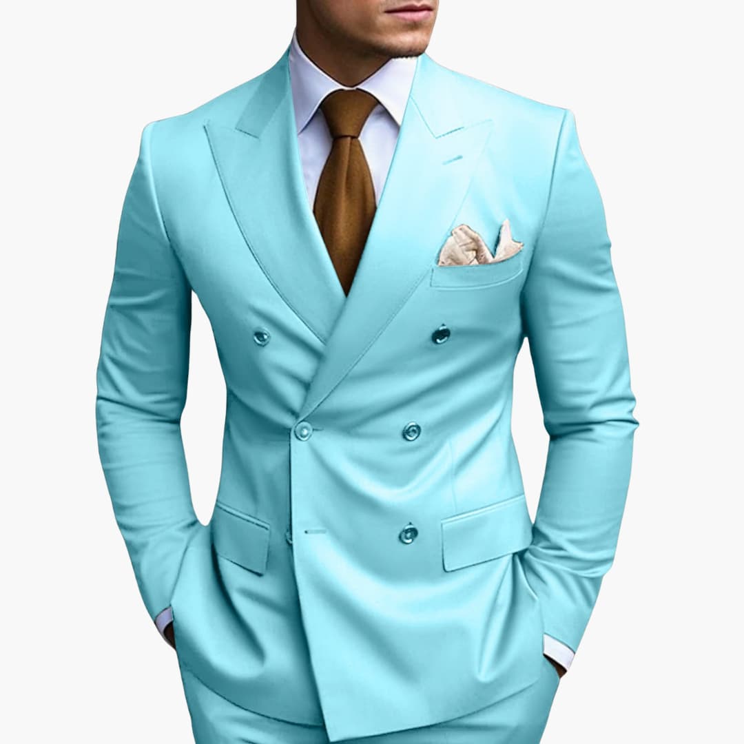 Men's black double-button notched lapel suit set with straight-leg pants for modern tailoring