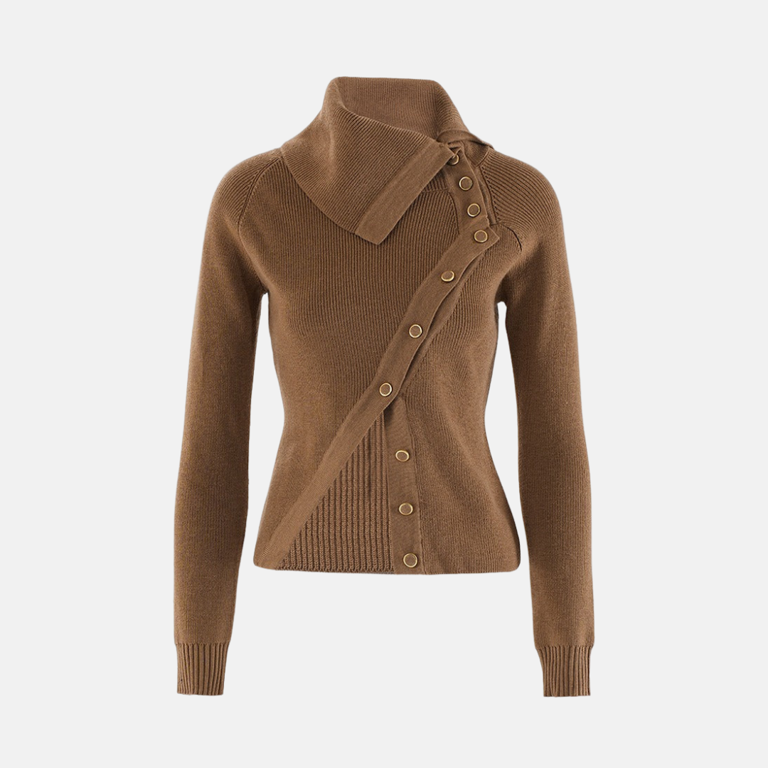 Women's slim-fit ribbed wool blend knit top with asymmetrical collar and button detail