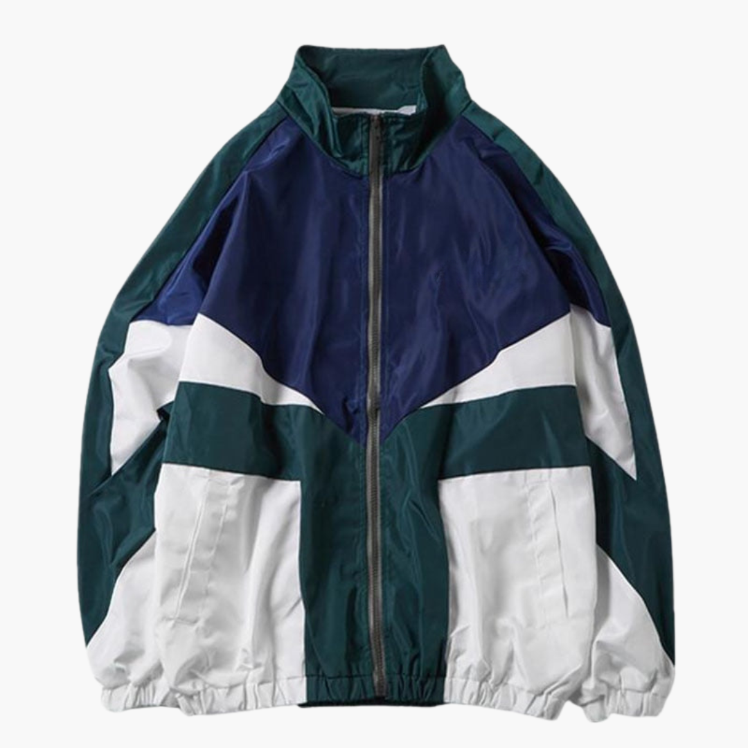 Men's color block bomber jacket with zipper closure, bold two-tone design for stylish everyday wear