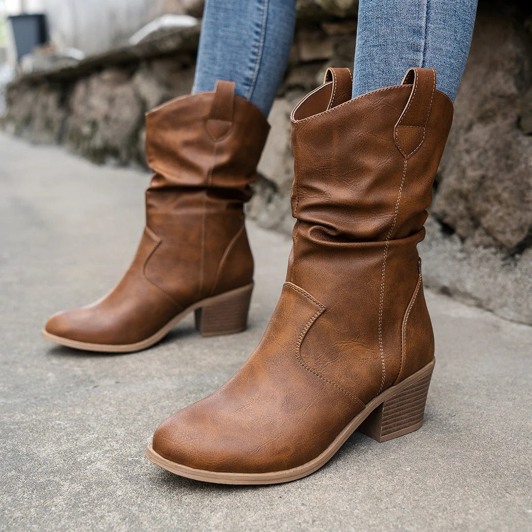 Women's brown premium leather mid-calf cowboy boots pointed toe block heel Western style
