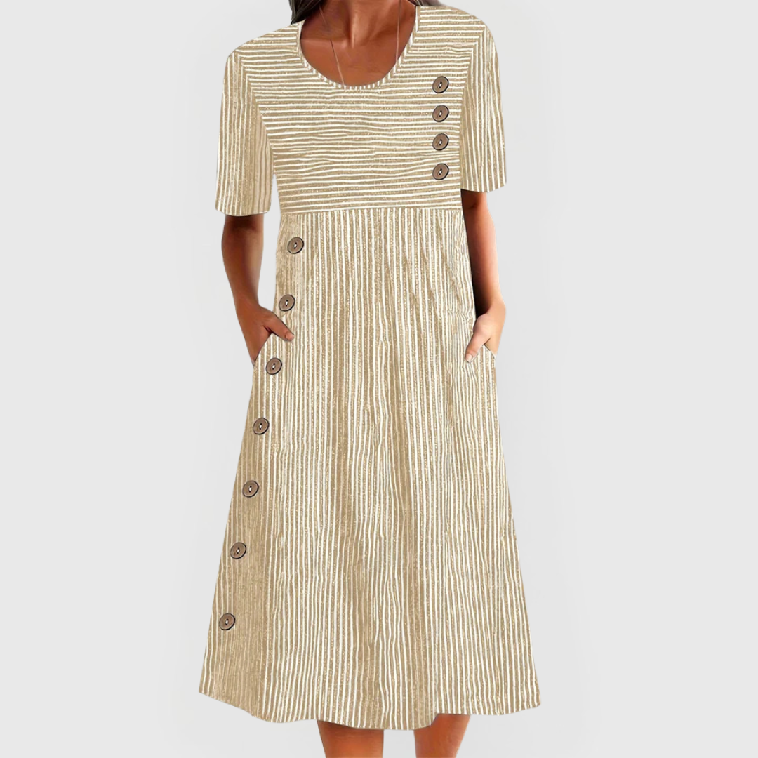 Women's casual striped midi dress with side pockets, relaxed silhouette in classic stripe pattern