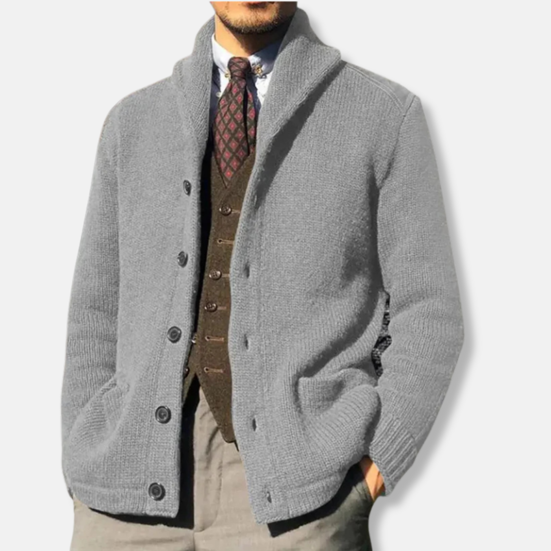 Men's wool-blend knit cardigan shawl collar button-front regular fit ribbed cuffs smart-casual style