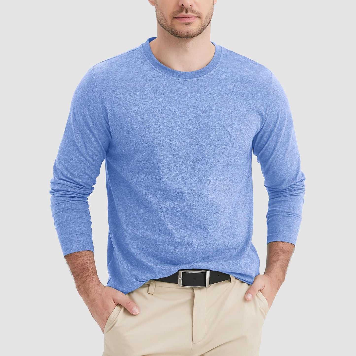 Men's breathable crew neck long sleeve shirt in solid colors, moisture-wicking cotton blend for daily wear