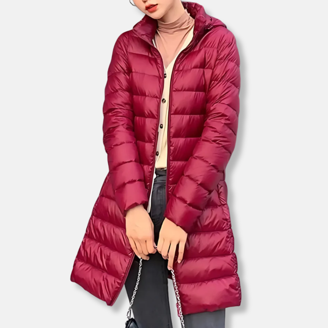 Women's slim fit quilted nylon puffer jacket in mid-length with hood, sleek everyday winter style