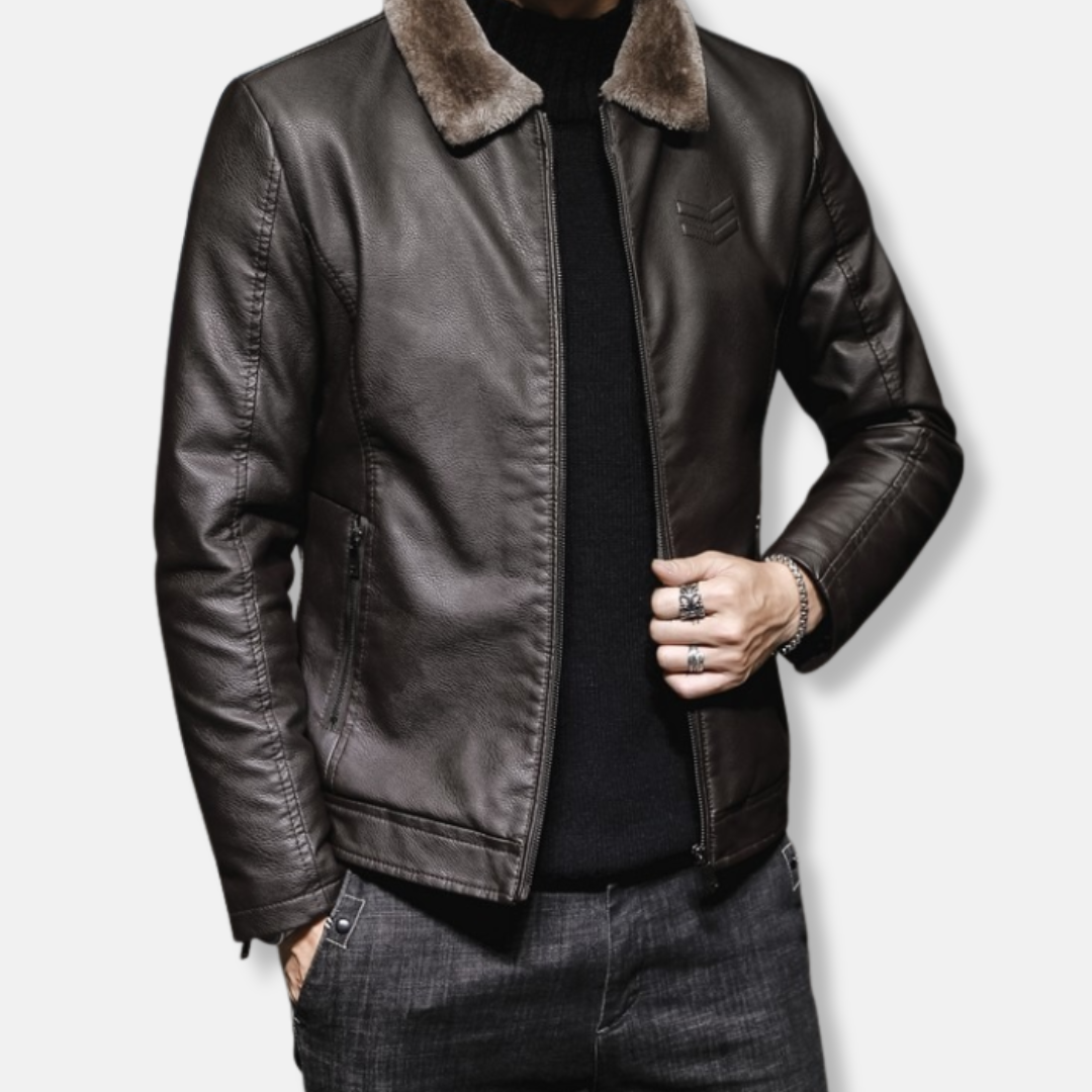 Men's black faux leather jacket turn-down collar full-zip hip-length smart-casual modern fit