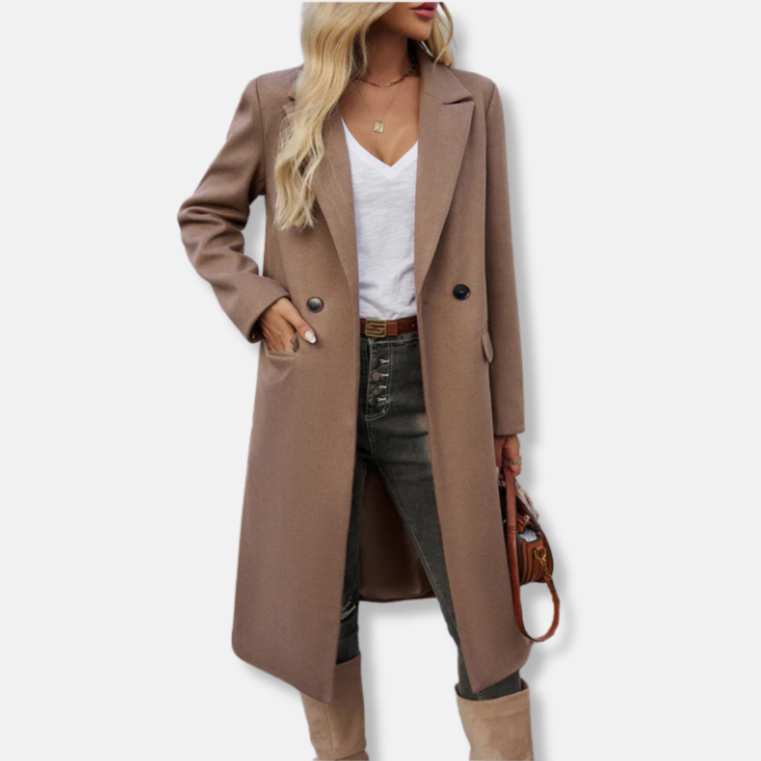 Women's wool blend long coat double-breasted notched lapel relaxed fit professional versatile camel