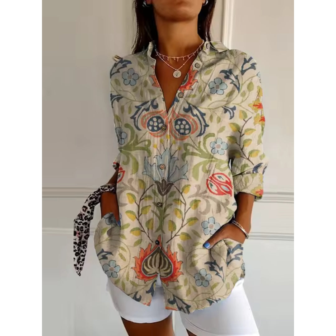 Women's floral print long sleeve button-front blouse with soft blooms and effortless chic silhouette