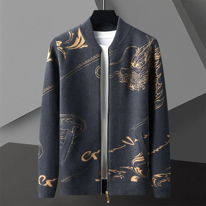 Dark wool zip-up cardigan with intricate dragon calligraphy motifs, heritage-inspired mid-weight knit