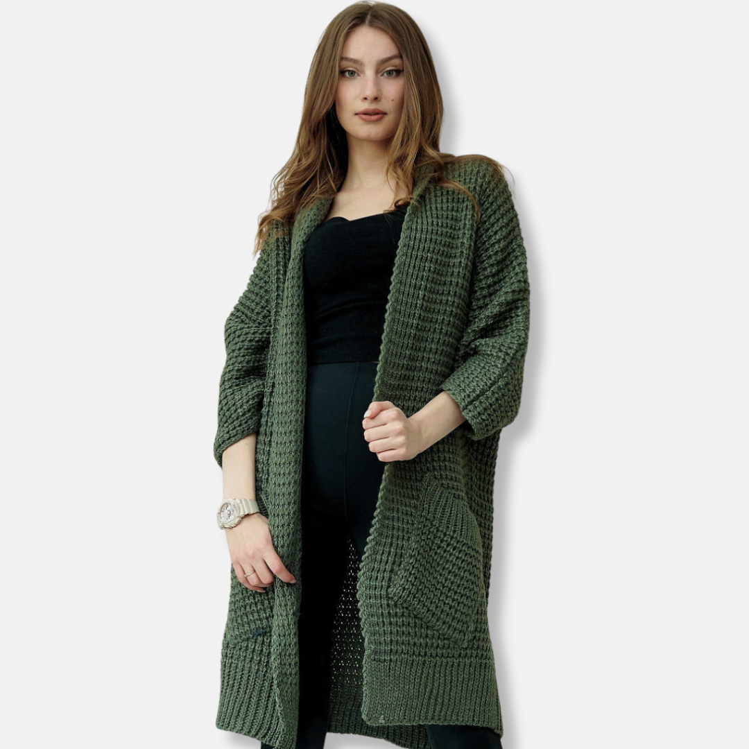 Women's oversized chunky knit wool blend coat open front with patch pockets in neutral tone