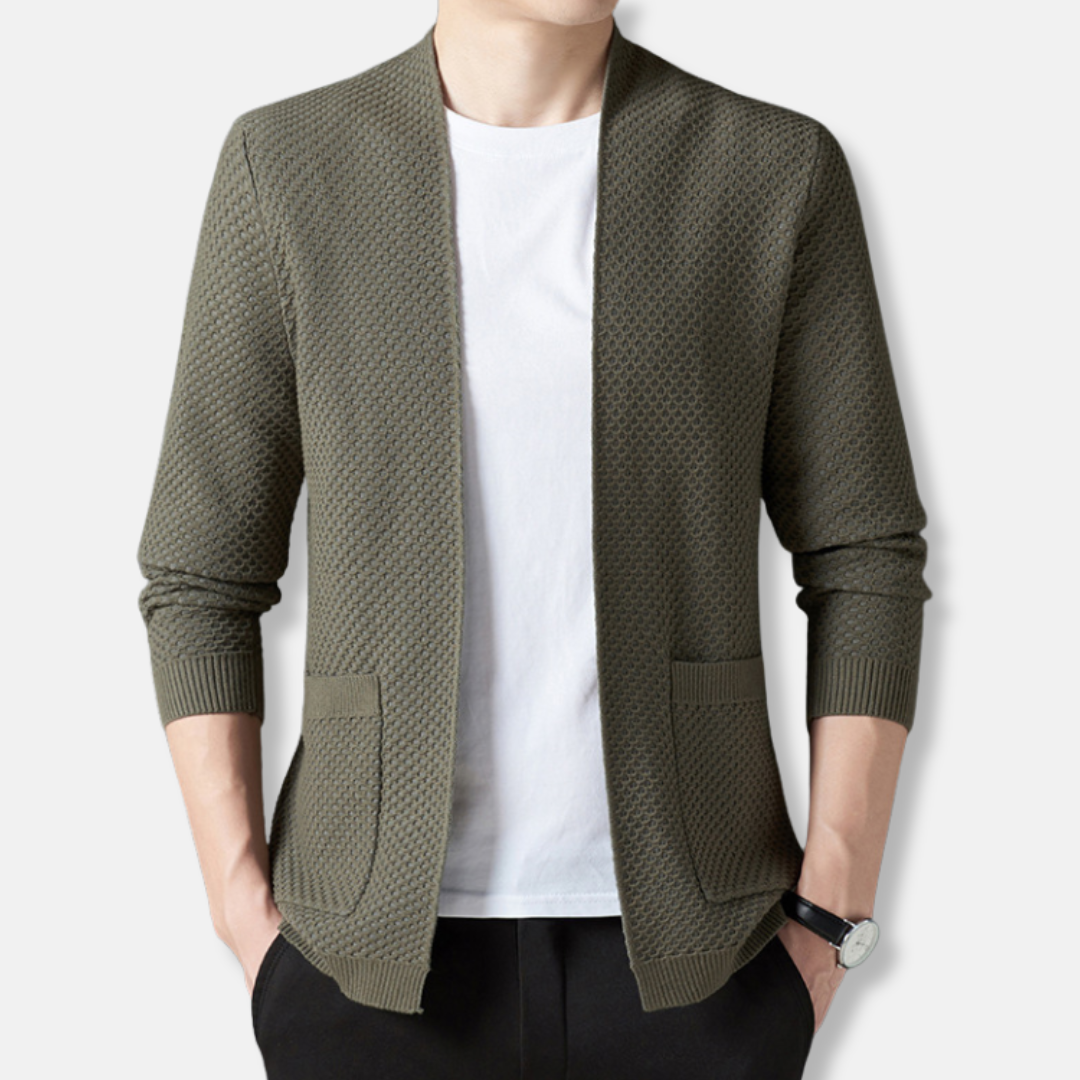 Men's open-front waffle knit cardigan relaxed fit hip-length in neutral tone casual layering piece