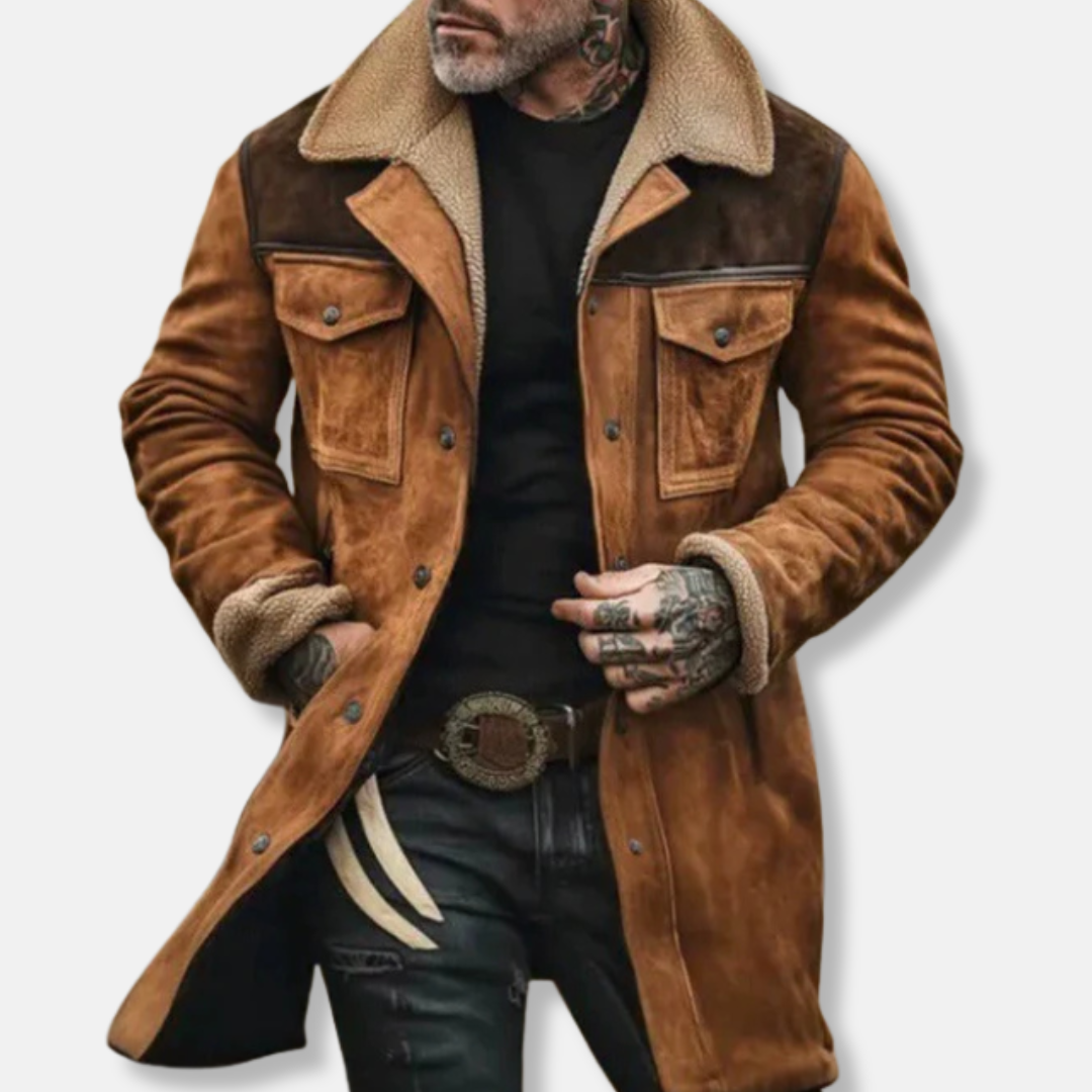 Men's beige suede-like trench coat relaxed fit shearling collar button front warm outerwear