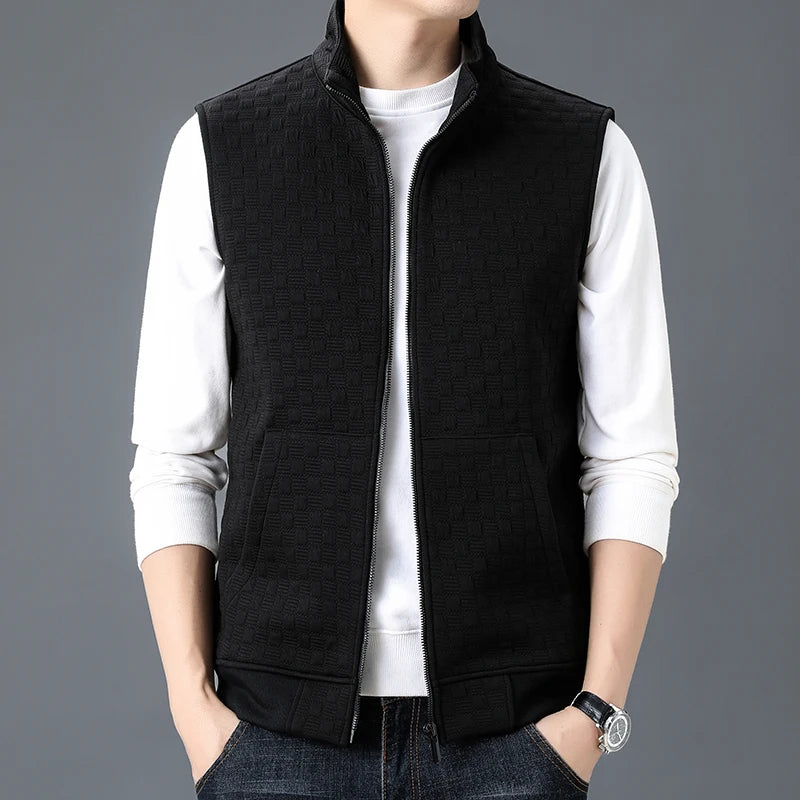 Checkered knit vest fleece-lined cotton blend breathable layering piece in classic two-tone pattern