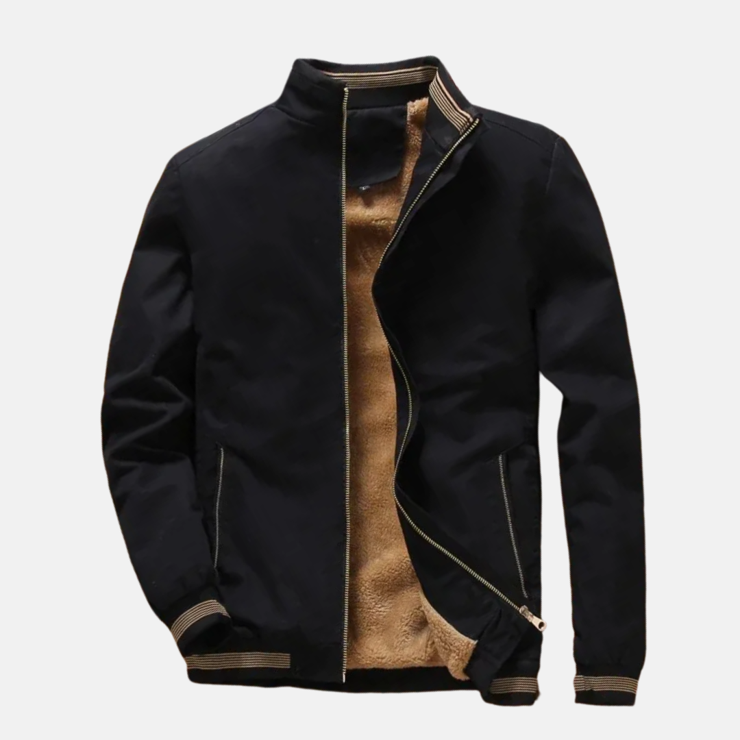 Men's black pilot jacket fleece-lined relaxed fit zipper closure warm layering essential