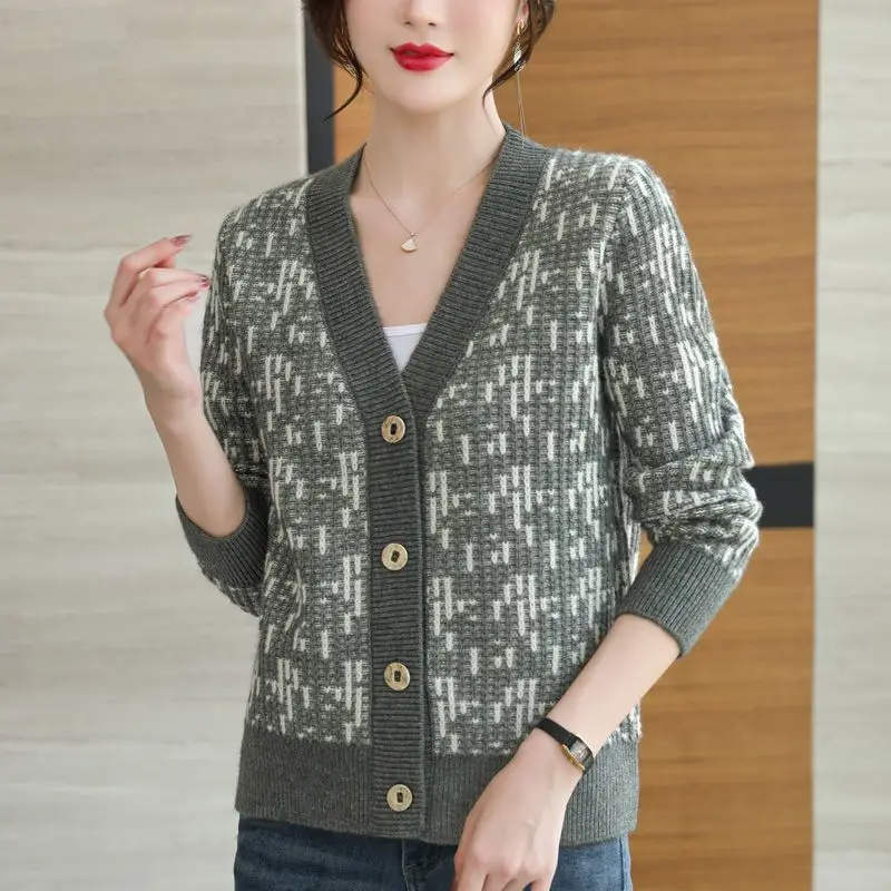 Women's soft knit cardigan jacquard button-front lightweight cozy layer neutral tones classic fit