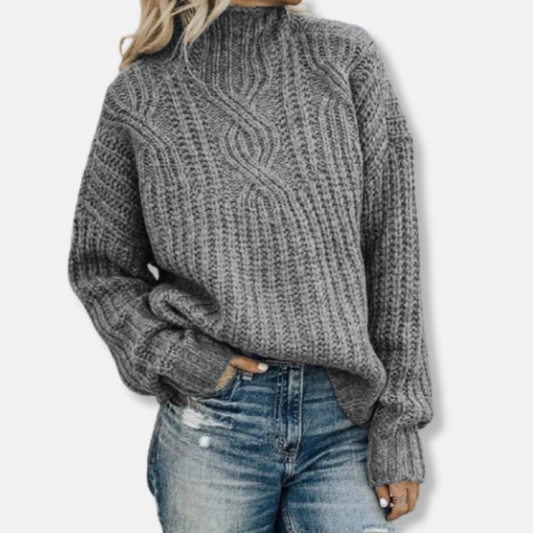 Women's wool cable knit pullover high neck relaxed fit long sleeve sweater for everyday warmth