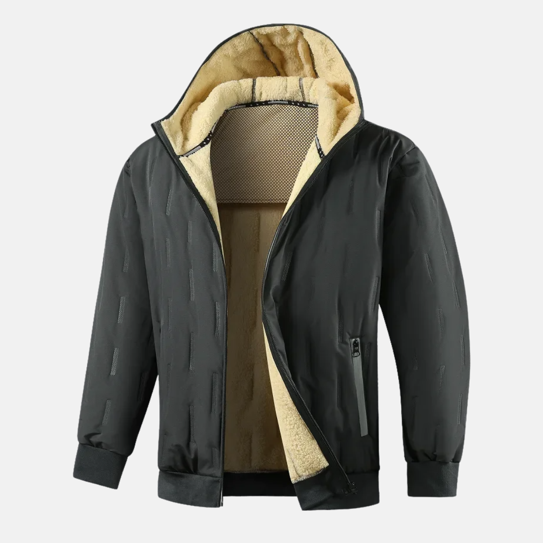Men's relaxed-fit hooded winter coat with plush lining, zip pockets, and ribbed trim in urban style