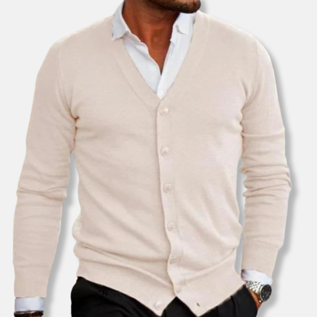 Men's wool v-neck cardigan in solid color, regular fit with button front and ribbed texture for smart casual