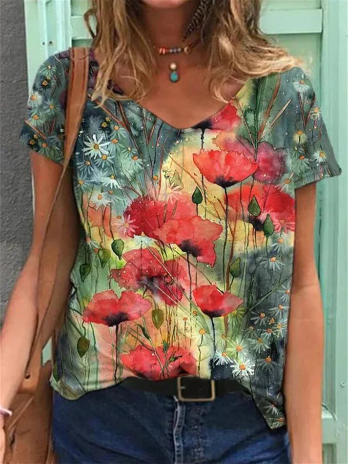 Artistic floral print V-neck t-shirt women flattering fit soft sustainable fabric everyday wear