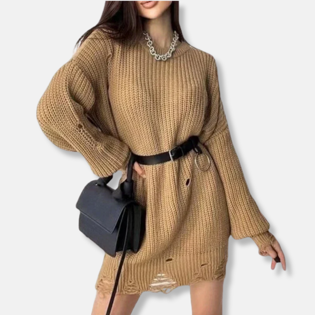 Women's ribbed knit mini dress balloon sleeves distressed hem oversized casual chic style
