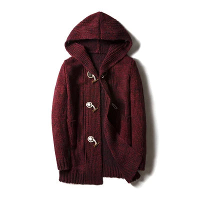 Chunky wool blend hooded cardigan with oversized hood, toggle closure, and vintage outdoor style