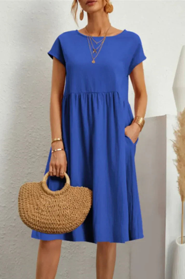 Melanie women's casual round neck short sleeve plain dress, everyday comfort versatile wardrobe staple
