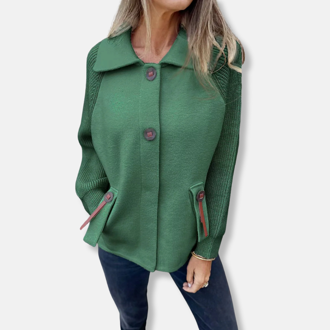 Women's relaxed fit jacket with textured knit sleeves, lapel collar, and button front closure