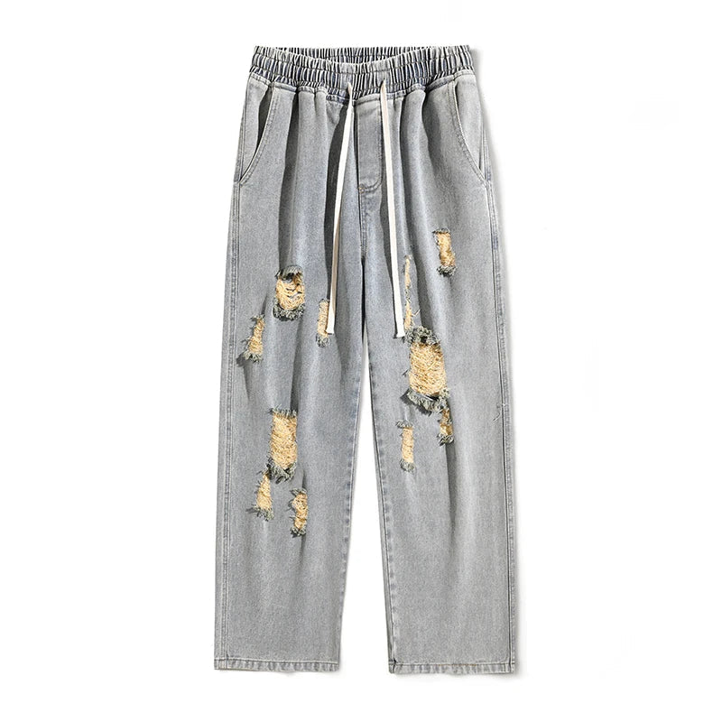 Men's distressed denim jeans relaxed fit elastic waistband streetwear style reinforced seams