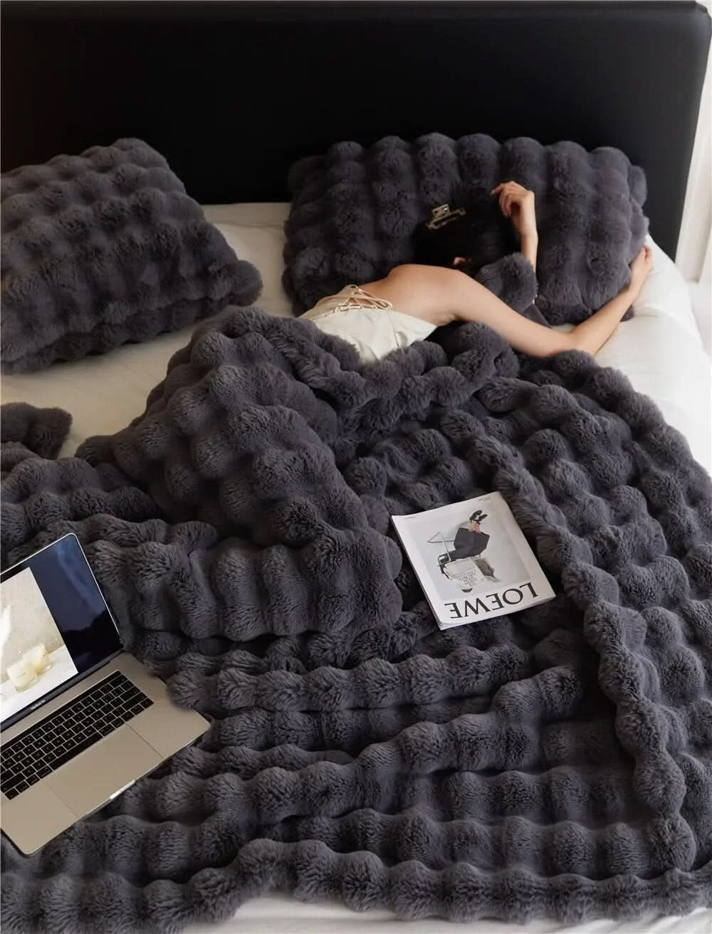 Neutral cream ultra-soft fleece throw blanket with minimalist quilted pattern for sofas